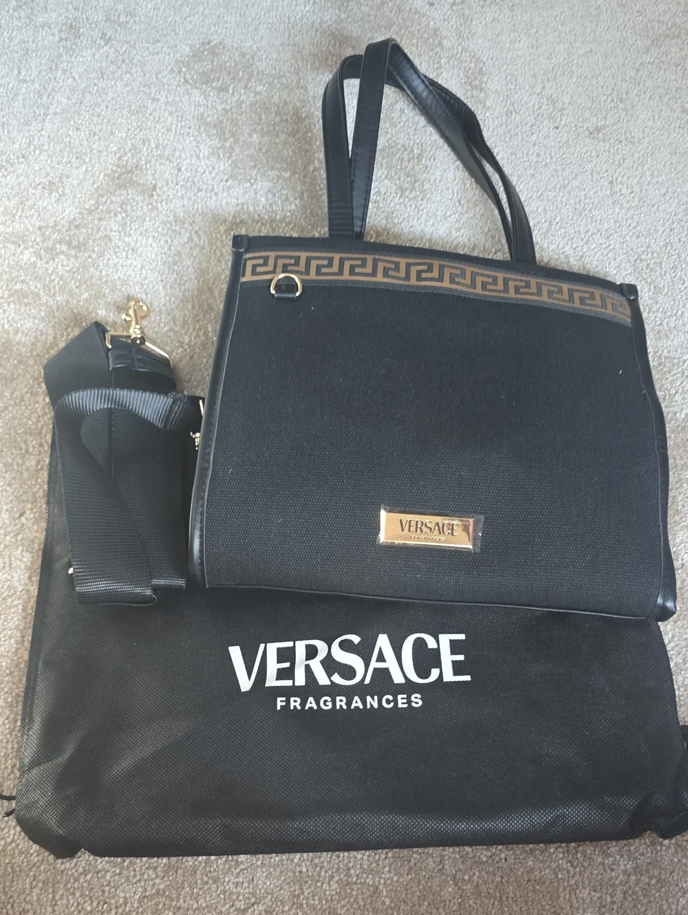 NIB Versace Parfums Black Gold Greek Key Crossbody Bag with Dust Bag